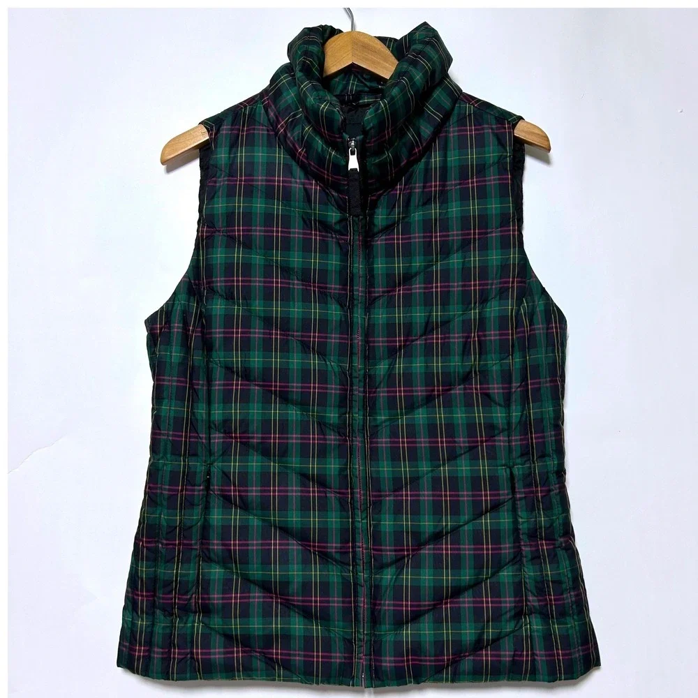 New Talbots Puffer Vest Womens‎ M Green Plaid Down Filled Moc neck Tartan Preppy